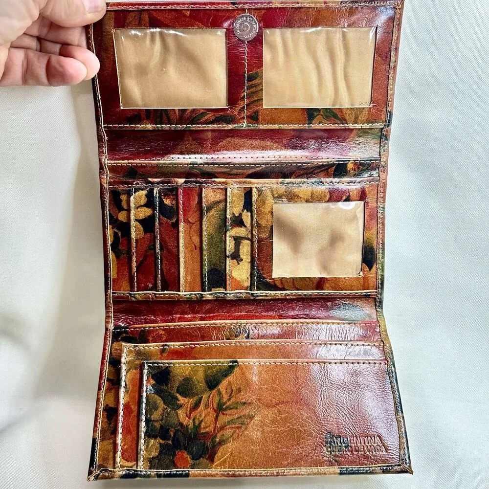 Vintage Argentine Floral Genuine Leather Wallet Checkbook Organizer